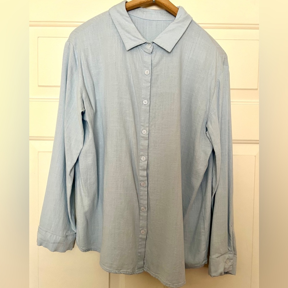 2/$20 Women’s linen feel button-down shirt, color: baby blue.